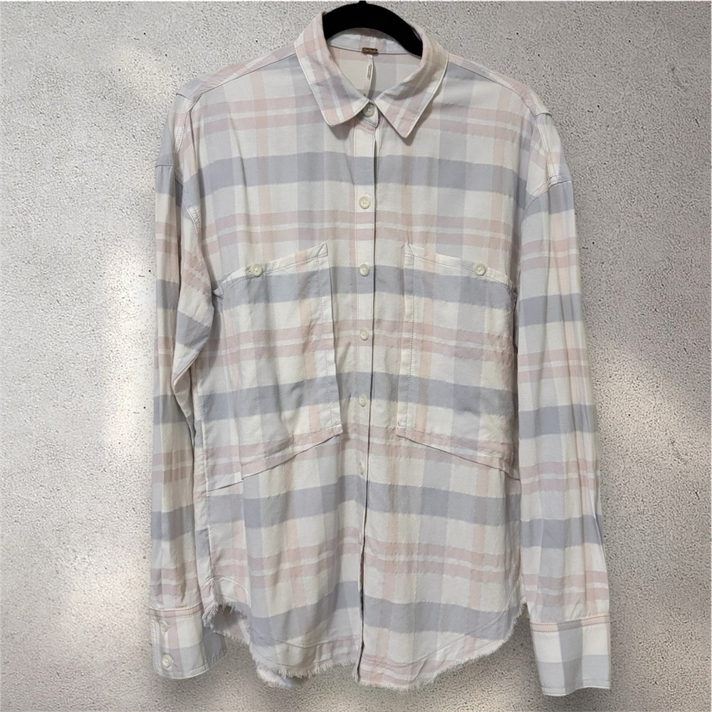 Free People Loveland Pastel Plaid Button Down Shirt Size XS Raw Hem - Picture 4 of 8